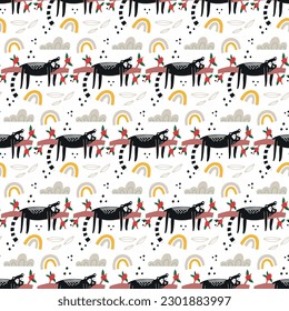 Civet Palm Cat sobre el patrón de superficie de brunch de café de cerezo. Gato de palma de cívet vectorial sin fondo. Papel de diseño de tela elegante para animales asiáticos