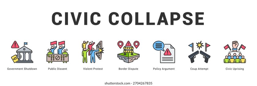 Civic Collapse Moderne und saubere Web-Banner-Illustration mit thematischen Symbolen für visuelle Kommunikation