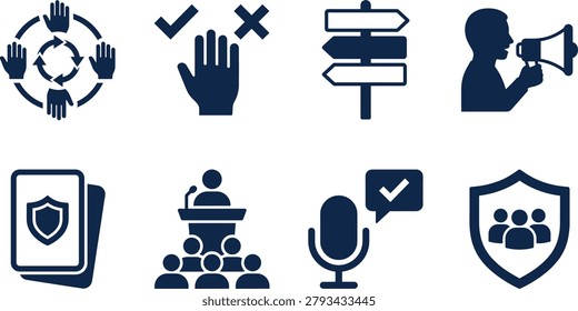 Civic engagement icon set, communication, leadership, decision-making, teamwork, security, advocacy, black outline, isolated, vector graphic