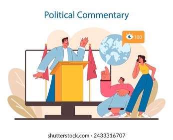 Civic Engagement Online concept. Digital representation of political commentary with citizens discussing global issues. Interactive civic discourse in a connected world. Flat vector illustration.