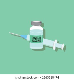 Civid-19 Vaccine, Corona virus vaccine, Coronavirus protection, COVID-19 vaccine bottle and syringe illustration on green background.