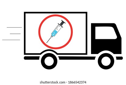 CIVID-19 Vaccine. Illustration transporting the coronavirus vaccine by truck. The antivirus vaccine is finally available and ready for distribution.