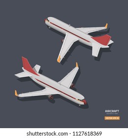 Civil Aircraft In Isometric Style. Industrial Drawing Of 3d Airplane. Front And Back View. Plane Icon For Game Or Infographic. Vector Illustration