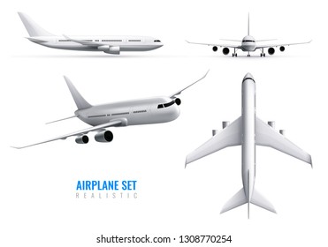 Civil aircraft realistic identity set of white airplane in top side and front views isolated vector illustration