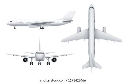 Civil aircraft views. Passenger white plane in various views fly transport realistic vector illustrations. Aircraft aviation, travel plane, transportation civil airliner