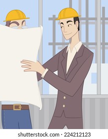 Civil Architect Structural Engineer Architectural Construction Planner, exposing construction blueprints to a worker.