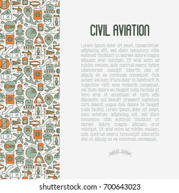 Civil aviation concept contains thin line icons related to airport and tourism. Vector illustration for banner, web page, print media.