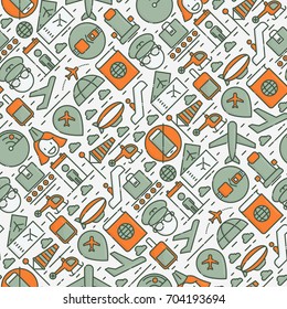 Civil aviation concept seamless pattern contains thin line icons related to airport and tourism. Vector illustration for banner, web page, print media.