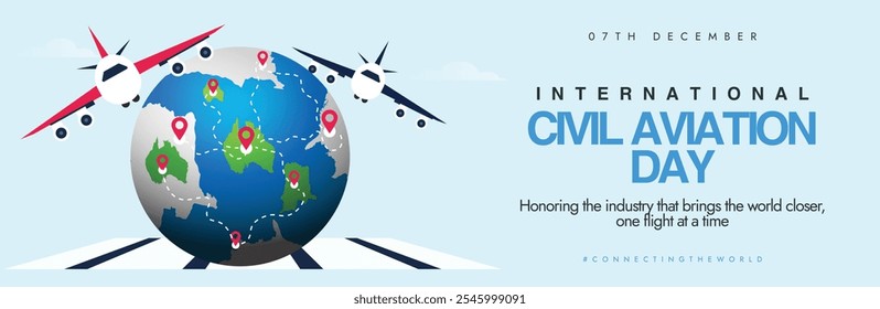 Banner de cobertura conceitual do dia da aviação civil. Banner da capa do dia internacional da aviação civil de 7 de dezembro, post com dois aviões voando sobre um globo terrestre tendo pontos do mapa e ícones de localização. 