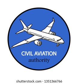 Civil aviation. Icon or logo. Blue background, white plane