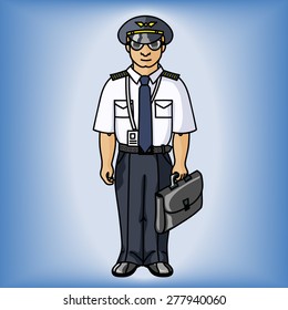 Civil aviation pilot in uniform. Editable vector illustration.