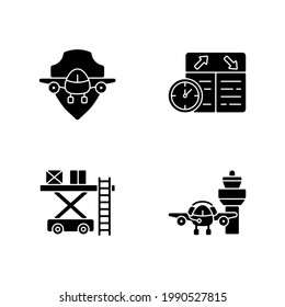 Civil aviation safety flights black glyph icons set on white space. Ramp services. Flight scheduling. Air traffic control. Aviation communication. Silhouette symbols. Vector isolated illustration