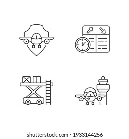 Civil aviation safety flights linear icons set. Flight scheduling. Aviation communication. Customizable thin line contour symbols. Isolated vector outline illustrations. Editable strokes