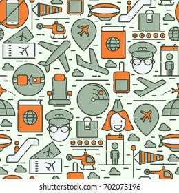 Civil aviation seamless pattern contains thin line icons related to airport and tourism. Vector illustration for banner, web page, print media.