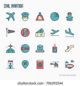 Civil aviation thin line icons set related to airport and tourism. Vector illustration.