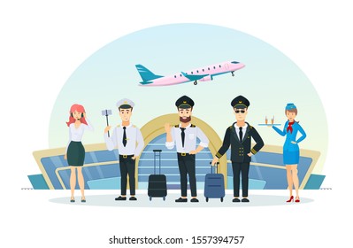 Civil commercial aircrew. Airplane flight crew in uniform, group people pilots, stewardesses, ground service workers on background airport building. Team of professional pilots cartoon vector