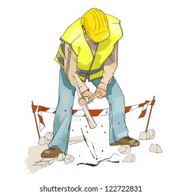 Civil construction, man digging with pick axe, wearing a yellow construction helmet and reflective vest