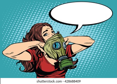 Civil defence girl wears a protective gas mask