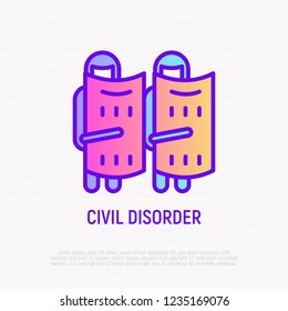 Civil Disorder Thin Line Icon: Soldiers In Helmets With Shields. Modern Vector Illustration Of National Security.