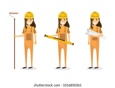 Civil engineer, architect and construction workers characters group. Cool vector flat design construction team characters line-up. Group of construction workers in hard hats friendly smiling