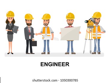 Civil engineer, architect and construction workers characters group.  vector design construction team characters line- up. Group of construction workers in hard hats friendly smiling