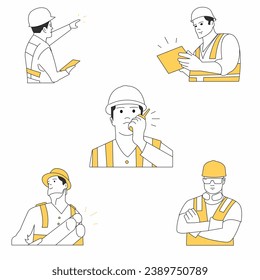 Civil engineer or architect or construction workers characters Set. Simple vector flat design construction team characters line-up. Set of construction workers Vector illustration stroke line editable