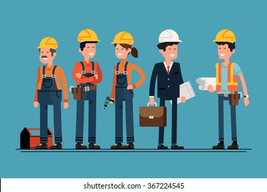 Civil engineer, architect and construction workers characters group. Cool vector flat design construction team characters line-up. Group of construction workers in hard hats friendly smiling