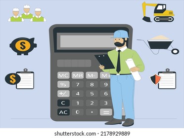 A Civil engineer calculating budget estimate for project. Construction business abstract concept vector illustration set. Construction costs, building permit and safety, protection helmet, contractor.