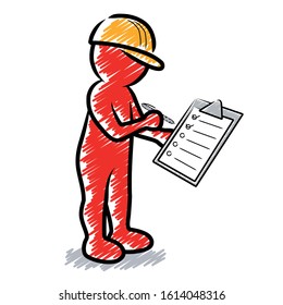 Civil engineer with checklist / red / hatched vector drawing