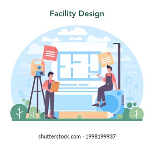 Civil engineer concept. Professional occupation of designing and building houses and structures. Architecture work with modern building technology. Flat vector illustration