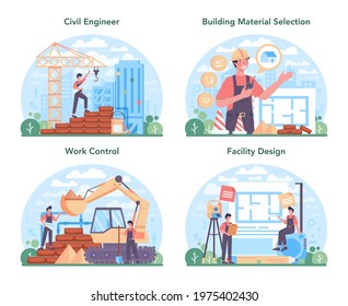 Civil Engineer Concept Set. Professional Occupation Of Designing And Building Houses And Structures. Architecture Work With Modern Building Technology. Flat Vector Illustration