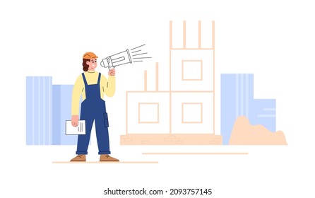 Civil engineer or construction worker in uniform at construction site holding loudspeaker, flat cartoon vector illustration isolated on white background.