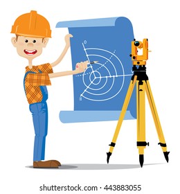 Civil engineer demonstrates geodesic drawing. Near to him is standing theodolite on tripod. Vector illustration