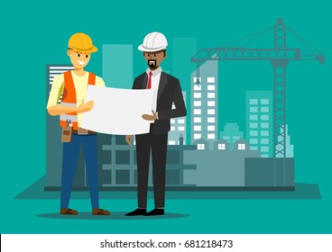 Civil engineer discussion with architects, engineer reading instructions, vector illustration in a flat style.