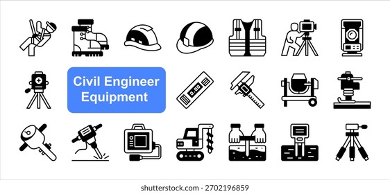 Equipamento de engenharia civil ícone conjunto com capacete de segurança, Theodolite, nível de laser, calibre digital, compactador de solo, equipamento de perfuração, medidor de umidade vetor simples.