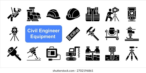 Bauingenieur-Geräte-Icon-Set mit Sicherheitshelm, Theodolit, Laserpegel, Digitaler Bremssattel, Bodenverdichter, Bohranlage, Feuchtigkeitsmessgerät, einfacher Vektor.