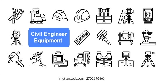 Bauingenieur-Geräte-Icon-Set mit Sicherheitshelm, Theodolit, Laserpegel, Digitaler Bremssattel, Bodenverdichter, Bohranlage, Feuchtigkeitsmessgerät, einfacher Linienvektor.