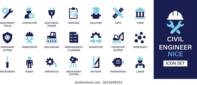 Civil Engineer icon set collection. Machinery tools, contactor, electrical power, painting, solution, arts, form, hardware system, fabrication and best solid icon set.