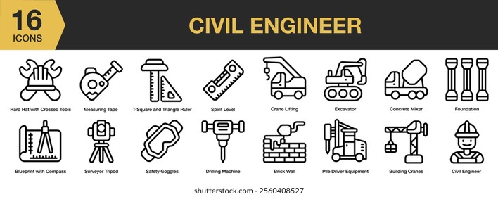 Civil Engineer icon set. Includes measuring tape, excavator, crane, foundation, surveyor, brick wall, and More. Outline icons vector collection.