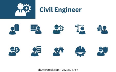 Ícone de engenheiro civil. Conjunto de símbolos sobre o tópico de construção, engenharia, edifícios, engenheiros elétricos, estimativas de custo, trabalho. Símbolo de vetor de sólidos.