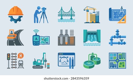 Civil engineer icons set with civil engineering, construction, architecture, infrastructure, and structural symbols