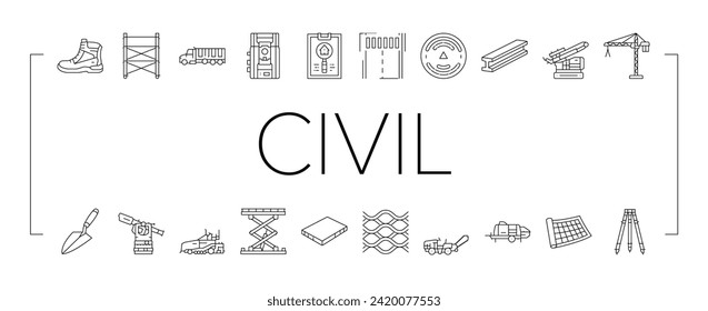 civil engineer industry building icons set vector. worker business, safety technology, engineering professional, work architecture civil engineer industry building black line illustrations