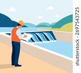 Civil engineer inspecting dam structure for quality control after building and construction. Hydroelectric power, resource for clean water and conservation or infrastructure design and maintenance