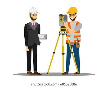 Civil engineer and a land surveyor working with theodolite, vector illustration in a flat style.