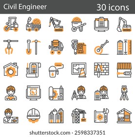 Civil Engineer Line Icons Set. Collection of 30 outline icons representing construction, infrastructure, and architectural engineering.  vector illustration