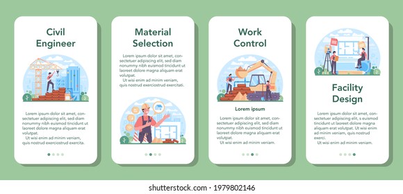 Civil engineer mobile application banner set. Professional occupation of designing and building houses and structures. Architecture work with modern building technology. Flat vector illustration