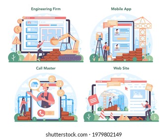 Civil engineer online service or platform set. Professional occupation of designing and building house and structure. Architecture work. Mobile app, call master, firm website. Flat vector illustration