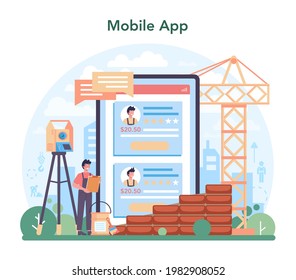 Civil engineer online service or platform. Professional occupation of designing and building house and structure. Architecture work. Mobile app. Flat vector illustration