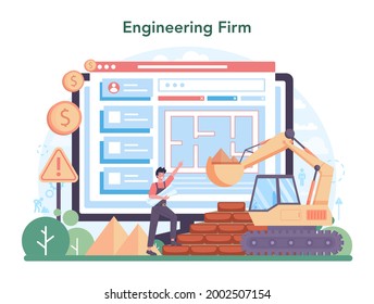 Civil engineer online service or platform. Professional occupation of designing and building house and structure. Architecture work. Engineering firm website. Flat vector illustration