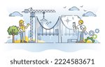 Civil engineer profession and work with infrastructure outline concept. Project with city bridge, railway, roads or other public buildings development vector illustration. Career job and education.
